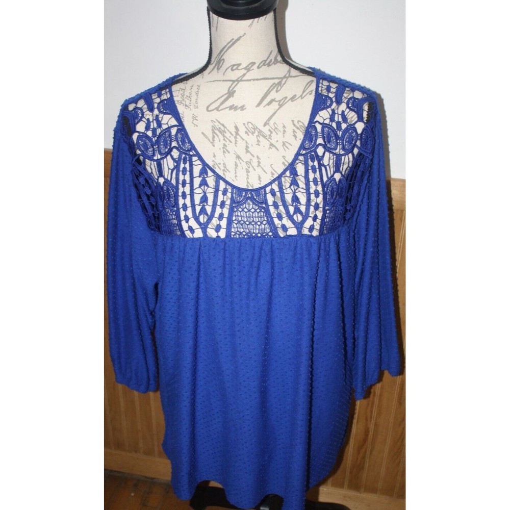Zac & Rachel Women's Royal Blue LS Blouse Sz Plus 2X Crochet Lace Bodice GUC